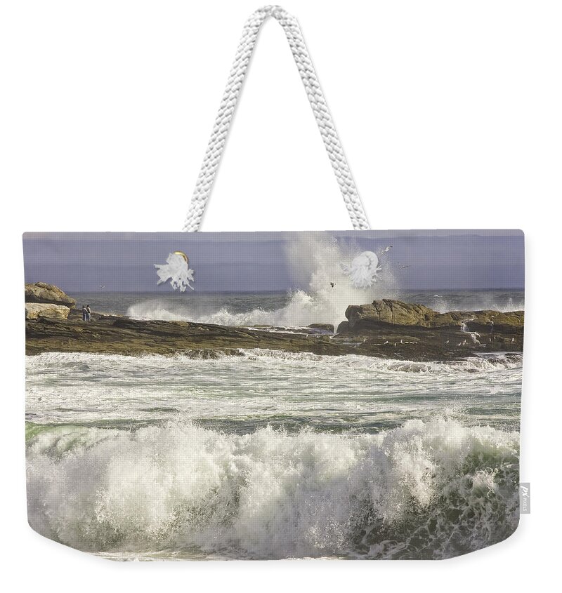 Maine Weekender Tote Bag featuring the photograph Large Waves Near Pemaquid Point On The Coast Of Maine #9 by Keith Webber Jr