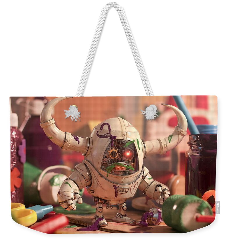 Robot Weekender Tote Bag featuring the digital art Robot #9 by Super Lovely