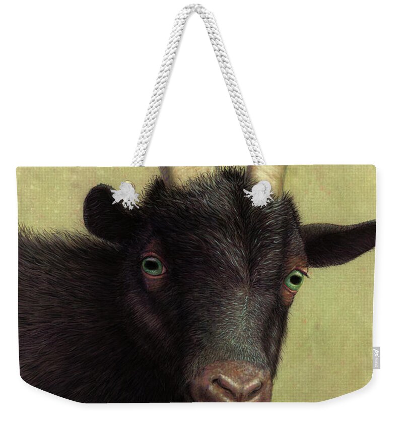 Black Goat Weekender Tote Bag featuring the painting A Black Goat enjoying a Pink Flower by James W Johnson