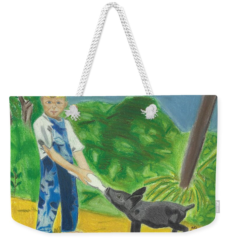 Boy Weekender Tote Bag featuring the drawing A Boy and his Pig by Ali Baucom