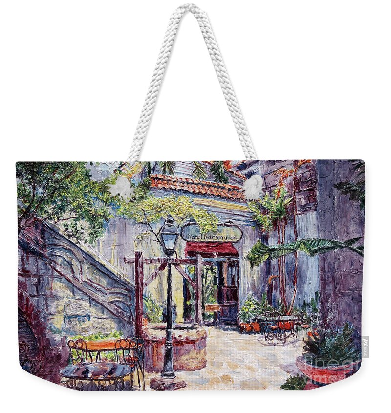 Barbara's Cafe Weekender Tote Bag featuring the painting Cafe by the Hotel, Intramuros, Manila by Joey Agbayani