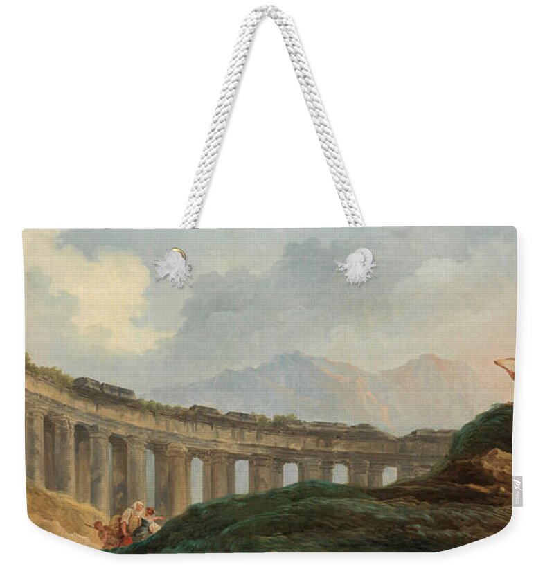 Hubert Robert Weekender Tote Bag featuring the painting A Colonnade in Ruins by Hubert Robert