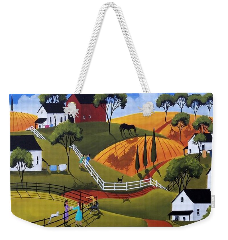 Country Weekender Tote Bag featuring the painting A Cup Of Sugar And Good Conversation by Debbie Criswell