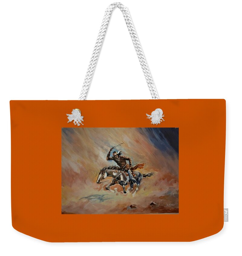 American Indian Weekender Tote Bag featuring the painting A Dash for Cover Racing Oncoming Sandstorm  by Al Brown