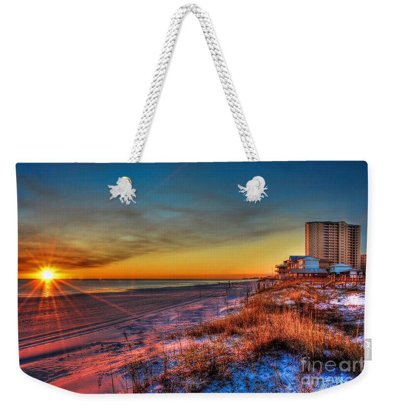 Sunset Weekender Tote Bag featuring the photograph A December Beach Sunset by Ken Johnson