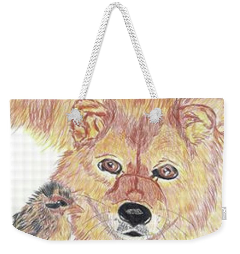 Dog Weekender Tote Bag featuring the drawing A Dog and her Chick by Ali Baucom