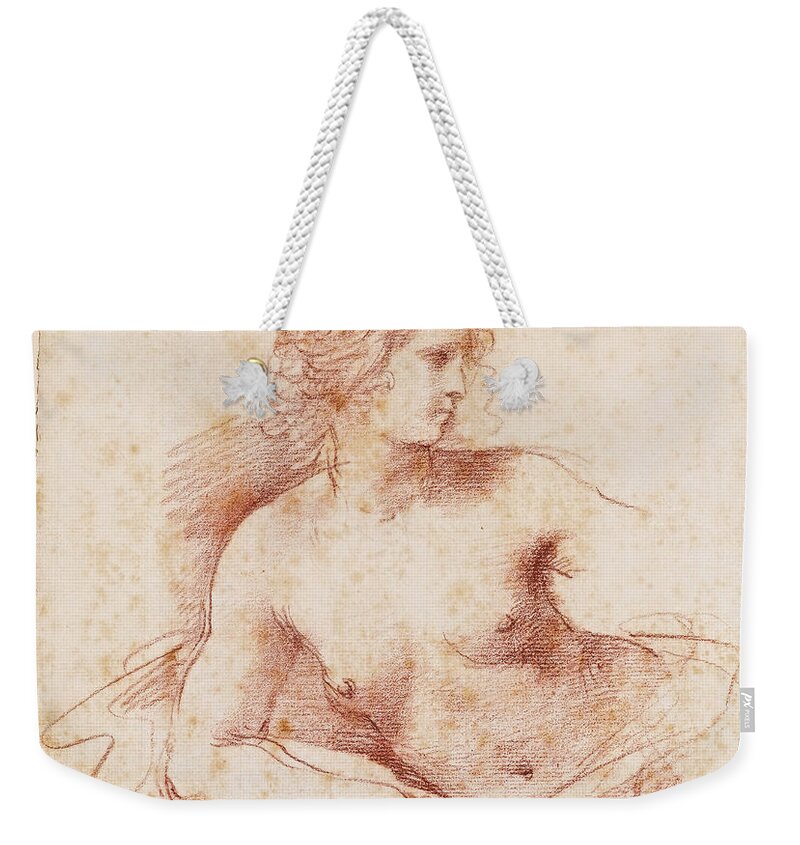 Guercino Weekender Tote Bag featuring the drawing A female nude looking to the right half length resting her right arm on a cushion by Guercino