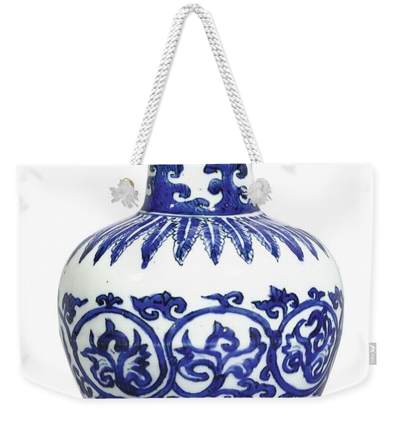 Blue Chinese Porcelain Lamp Weekender Tote Bag featuring the painting A Fine And Rare Blue And White 'arrow' Vase Mark And Period Of Wanli by Celestial Images