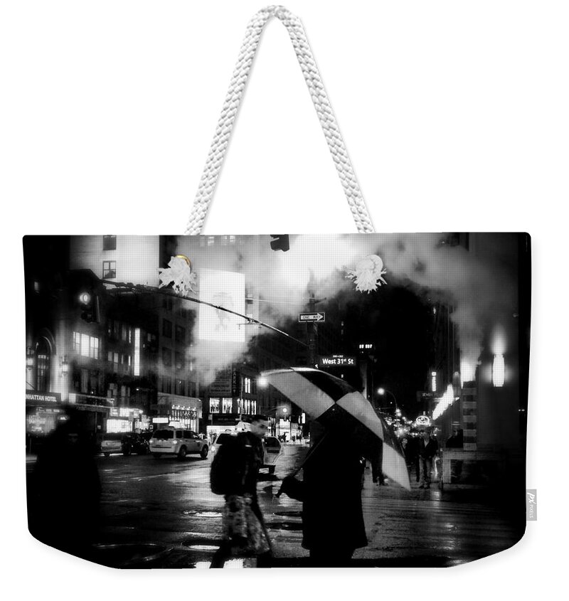 Street Photography Weekender Tote Bag featuring the photograph A Foggy Night in New York Town - Checkered Umbrella by Miriam Danar