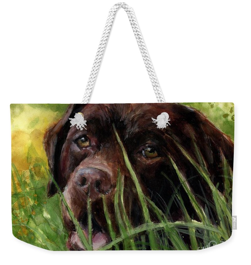 Chocolate Labrador Retriever Weekender Tote Bag featuring the painting A Gardener's Friend by Molly Poole