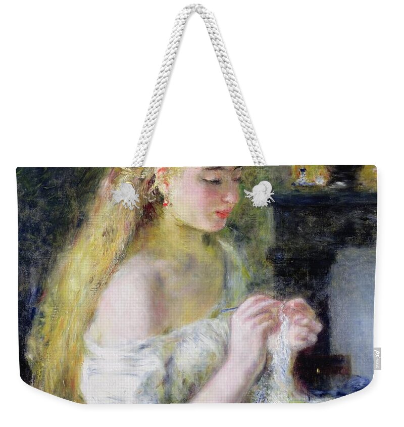 Pierre Auguste Renoir Weekender Tote Bag featuring the painting A Girl Crocheting by Pierre Auguste Renoir