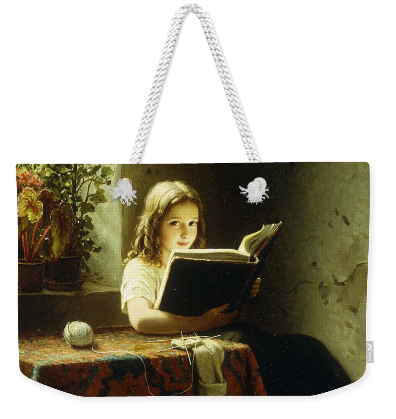 A Girl Reading Weekender Tote Bag featuring the painting A Girl Reading by Johann Georg Meyer