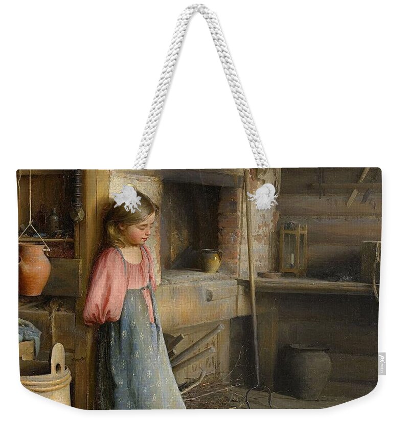 Ivan Lavrentievich Gorokhov Russia 1863-1934 A Girl With Kittens Weekender Tote Bag featuring the painting A girl with kittens by MotionAge Designs