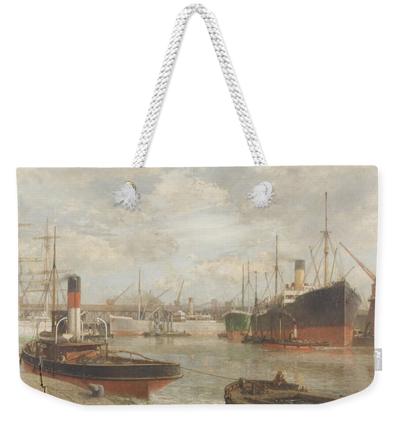Harbor Weekender Tote Bag featuring the painting A Glimpse in 1920 of the Royal Edward Dock, Avonmouth by Arthur Wilde Parsons