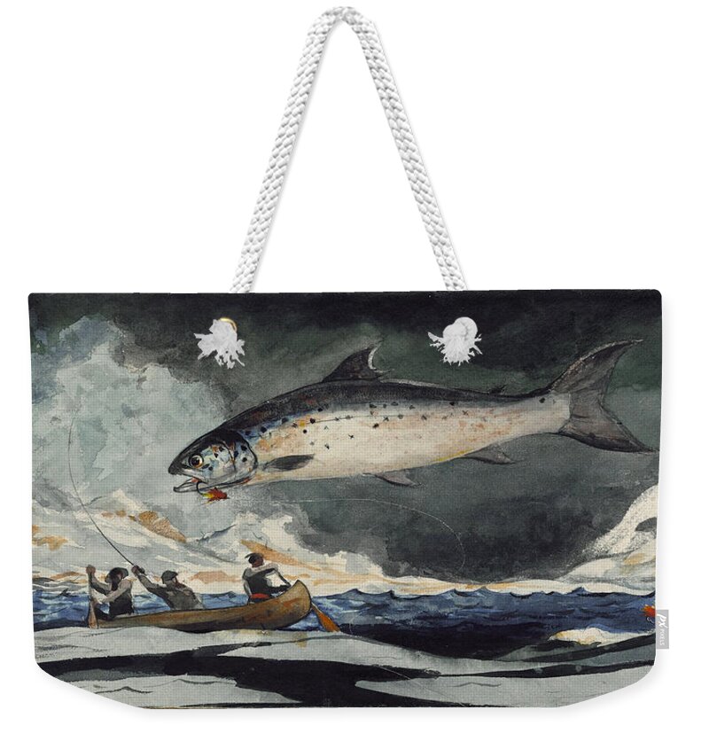 Winslow Homer Weekender Tote Bag featuring the painting A good pool. Saguenay River by Winslow Homer