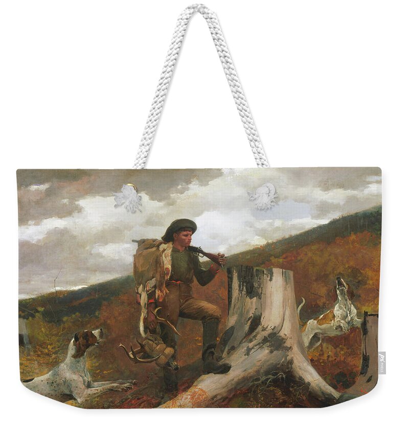 Winslow Homer Weekender Tote Bag featuring the painting A Huntsman and Dogs - 1891 by Eric Glaser