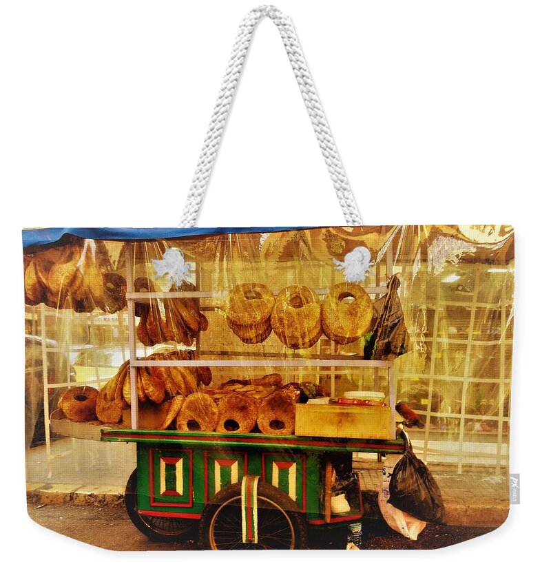 Beirut Weekender Tote Bag featuring the photograph A Kaake street vendor in Beirut by Funkpix Photo Hunter