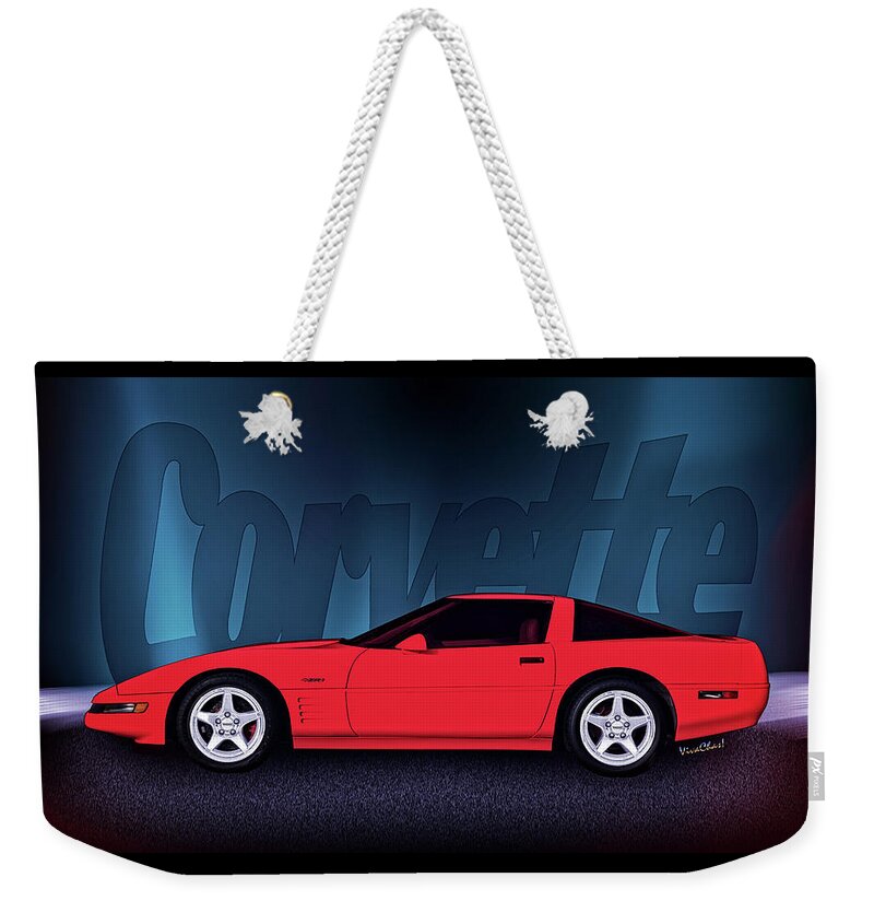 Corvette Weekender Tote Bag featuring the digital art A Little C-4 ZR-1 Corvette on the Side by Chas Sinklier