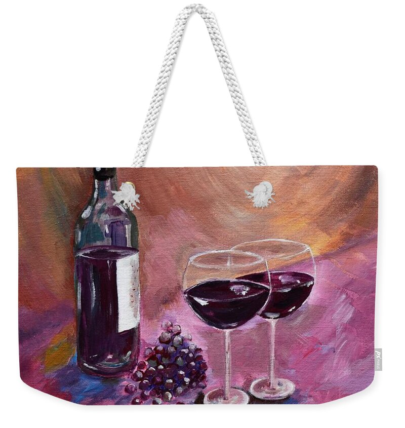 Wine Weekender Tote Bag featuring the painting A little Wine on my Canvas - Wine - Grapes by Jan Dappen