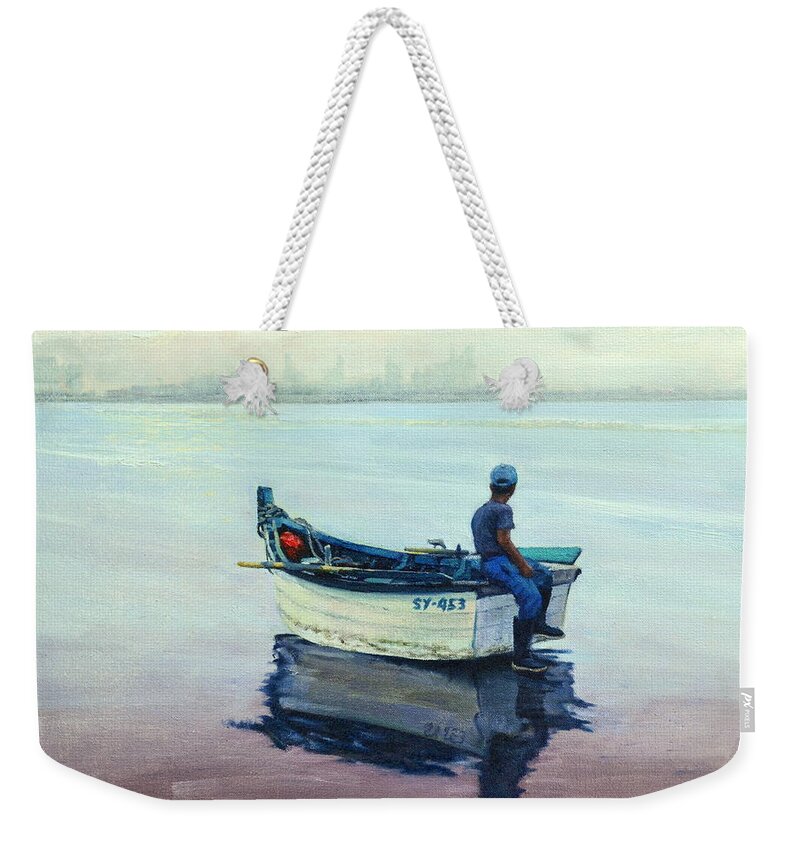 Boat Weekender Tote Bag featuring the painting A Lonely Boy by Ningning Li