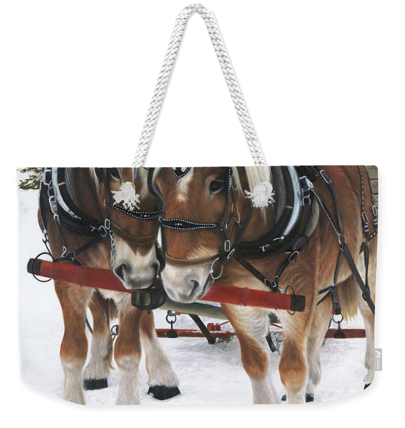  Belgium Horse Team In Winter Landscape Weekender Tote Bag featuring the painting A Loving Union by Tammy Taylor