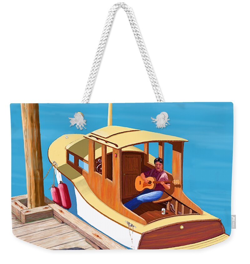 Man Dog Boat Wooden Boat Classic Watercraft Sailing Sailboat Motorboat Criss Craft Cabin Cruiser Marina Harbor Wharf Landing Moorage Anchorage Sea Lake Ocean Stream River Slew Boating Sailing Sailor Labrador Retriever Harbor Dock River Stream Lake Ocean Guitar Player Weekender Tote Bag featuring the digital art A man, a dog and an old boat by Gary Giacomelli