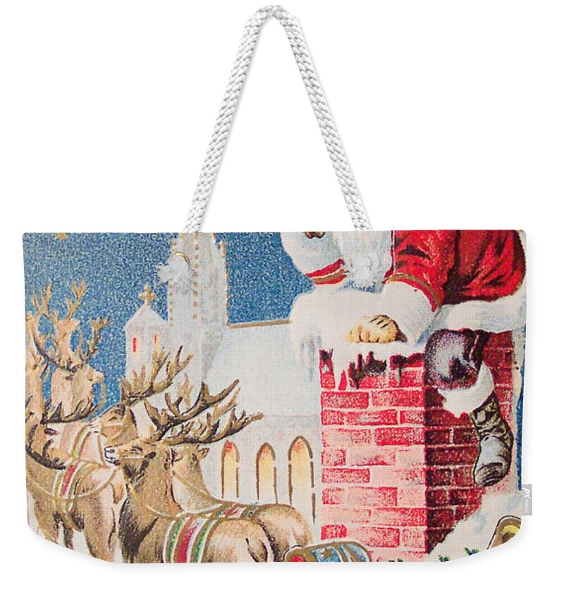 A Merry Christmas Vintage Greetings From Santa Claus And His Raindeer Weekender Tote Bag featuring the painting A Merry Christmas vintage greetings from Santa Claus and his Raindeer by Vintage Collectables
