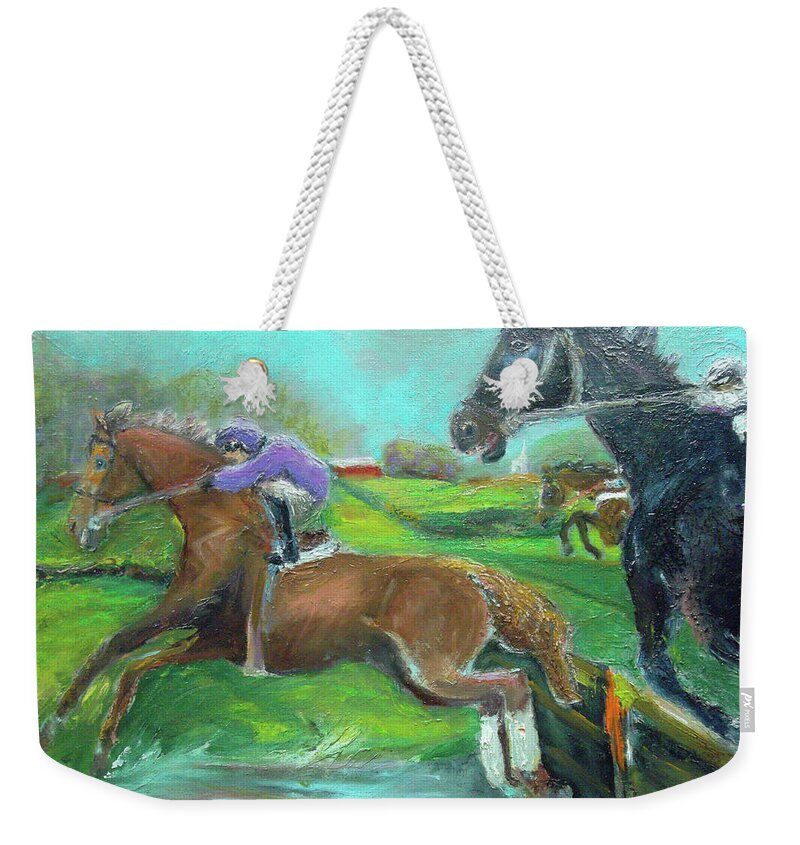 Point-to-point Weekender Tote Bag featuring the painting A Mile Out by Susan Esbensen