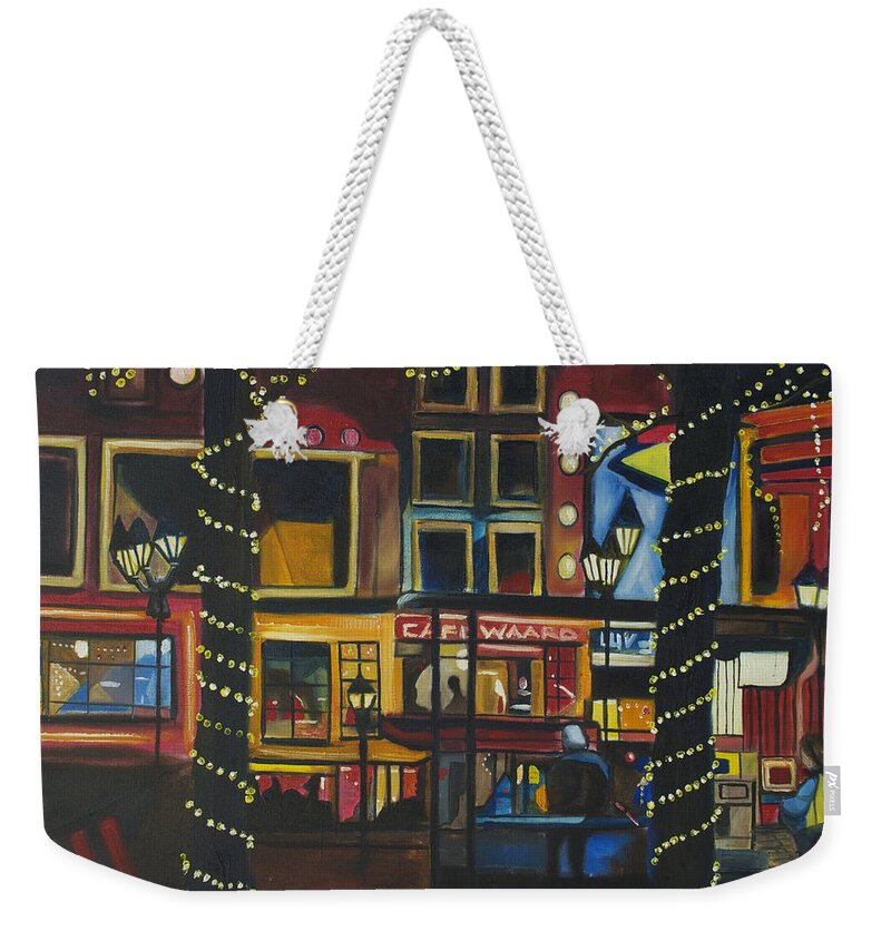 Cityscape Weekender Tote Bag featuring the painting A Moment in Dam by Patricia Arroyo