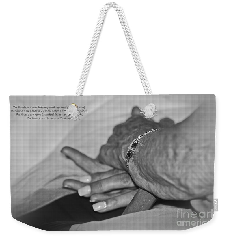 Mother And Child Weekender Tote Bag featuring the photograph A Mother's Hand monochrome by Terri Waters