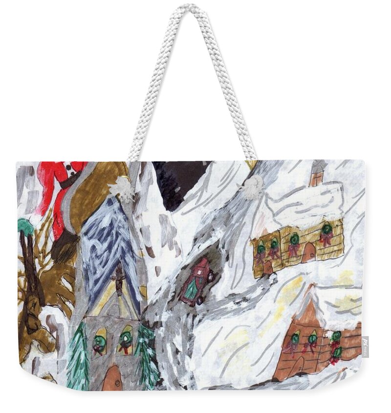 A Christmas Scene In A Mountain Village With Santa And A Living Nativity Weekender Tote Bag featuring the mixed media A Mountain Village by Elinor Helen Rakowski