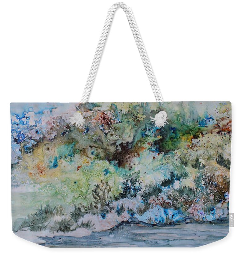 Landscape Weekender Tote Bag featuring the painting A Northern Shoreline by Jo Smoley