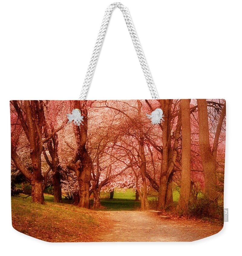 Cherry Blossom Trees Weekender Tote Bag featuring the photograph A Path To Fantasy - Holmdel Park by Angie Tirado