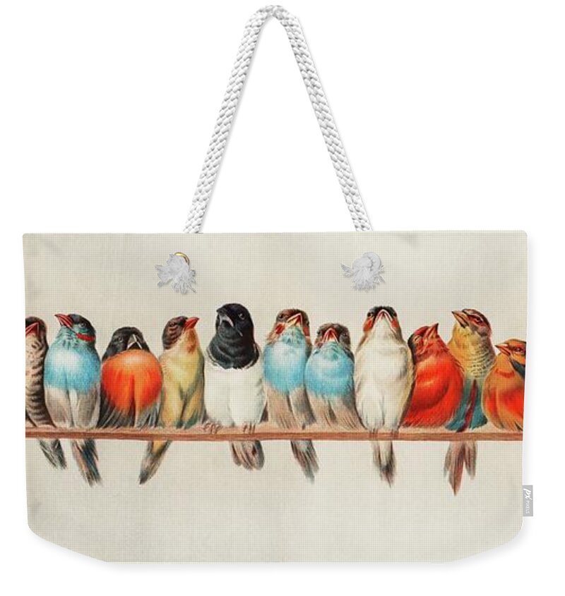 Wooden Weekender Tote Bag featuring the painting A Perch of Birds, 1880 by Vincent Monozlay
