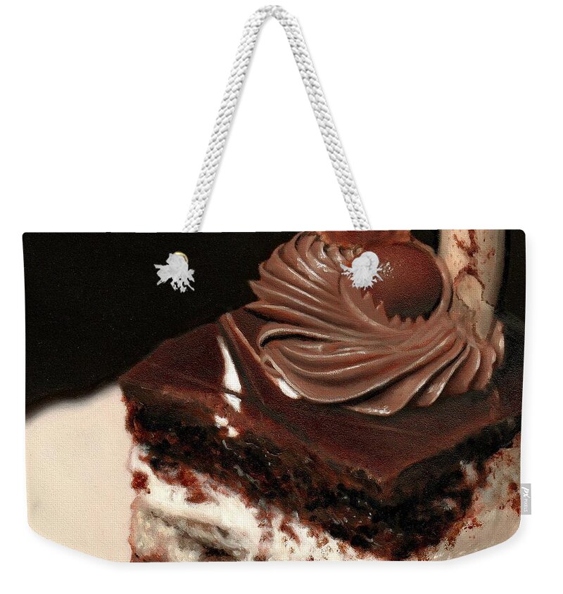 Chocolate Weekender Tote Bag featuring the painting A Piece of Cake by Linda Merchant