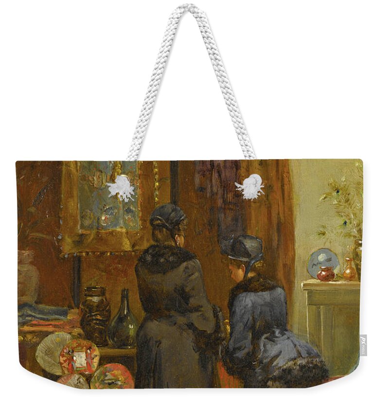 Elliott Daingerfield Weekender Tote Bag featuring the painting A Quaint Oriental Shop by Elliott Daingerfield