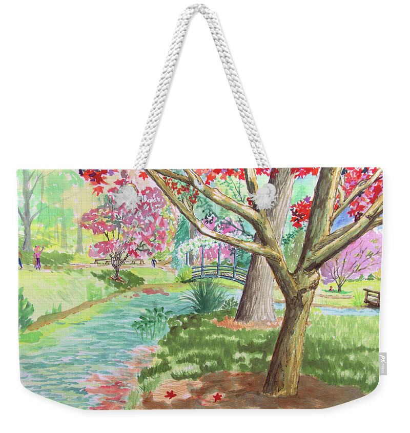 Garden Weekender Tote Bag featuring the painting A quiet stroll in the Japanese Gardens of Gibbs Gardens by Nicole Angell