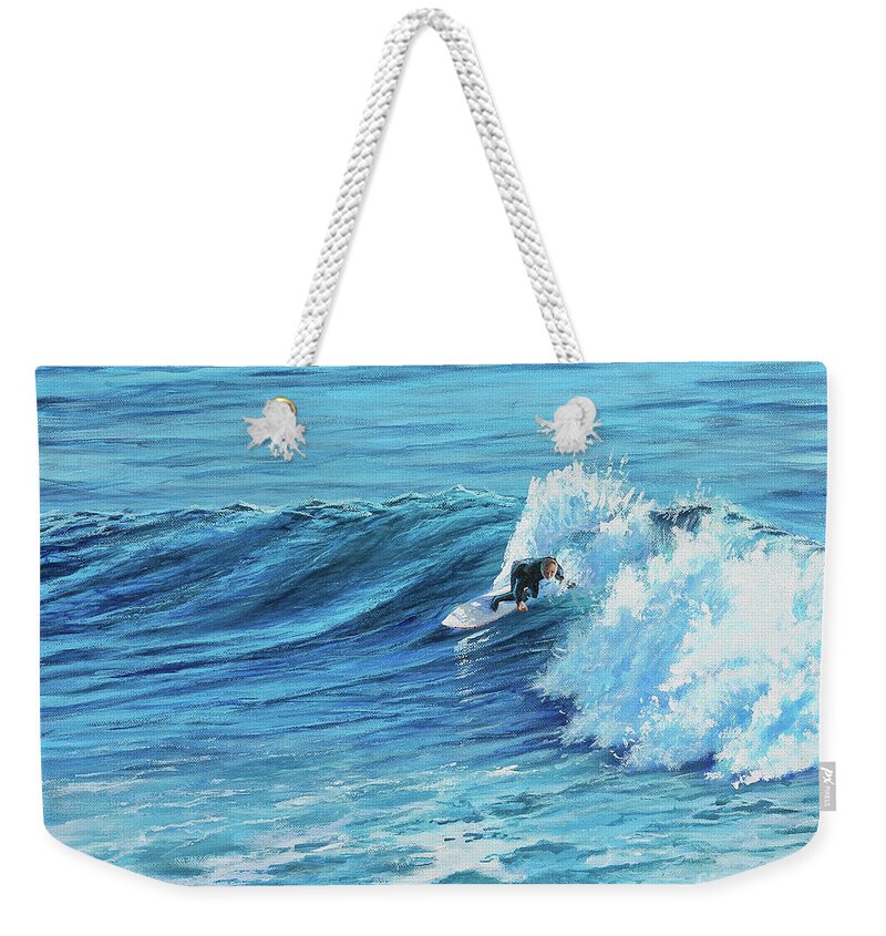 California Surfer Weekender Tote Bag featuring the painting A Ride on Steamer Lane by Joe Mandrick