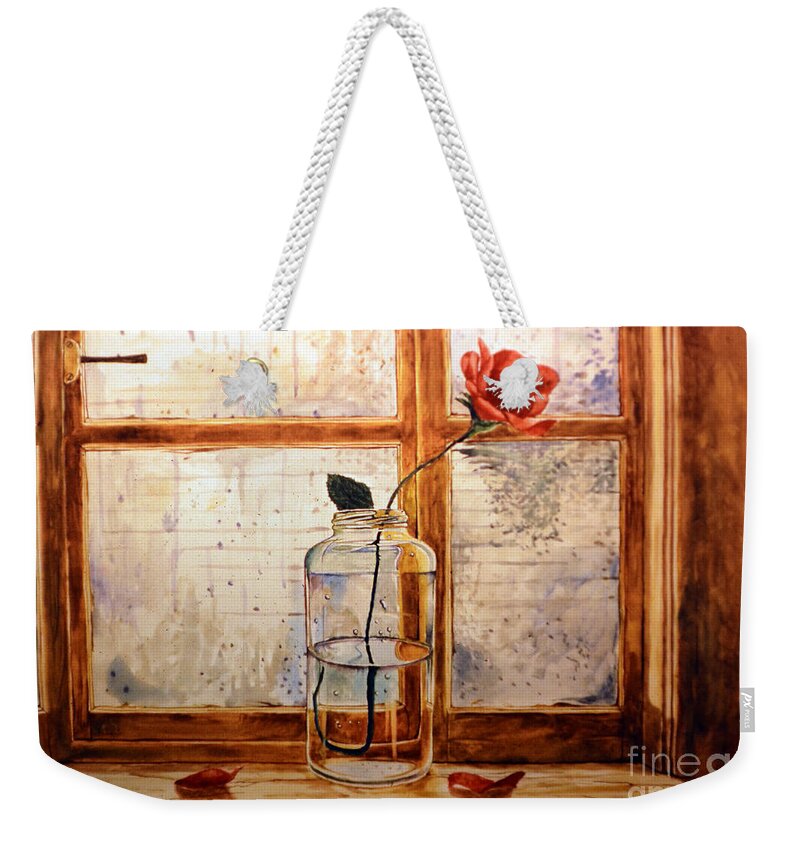Rose Weekender Tote Bag featuring the painting A rose in a glass jar on a rainy day by Christopher Shellhammer