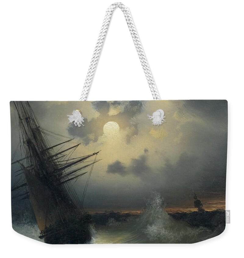 Ivan Konstantinovich Aivazovsky (1817 Feodosia 1900) A Sailing Ship On A High Sea By Moonlight Weekender Tote Bag featuring the painting A sailing ship on a high sea by moonlight by MotionAge Designs