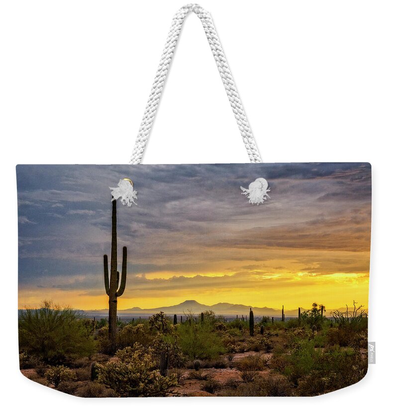 Saguaro Sunset Weekender Tote Bag featuring the photograph A Sonoran Summer Sunset by Saija Lehtonen
