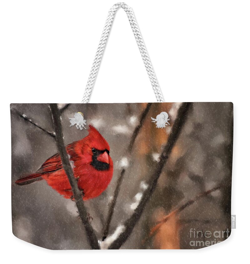 Cardinal Weekender Tote Bag featuring the digital art A Spot Of Color by Lois Bryan