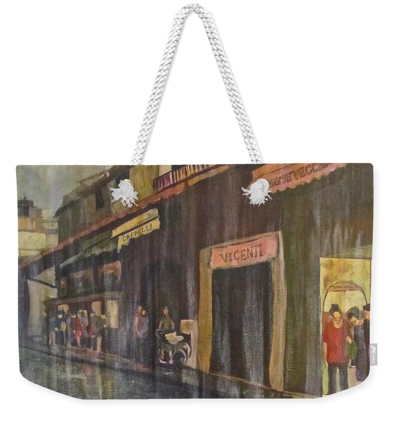 Rain Weekender Tote Bag featuring the painting A Sudden Storm on Pontevecchio by Barbara O'Toole