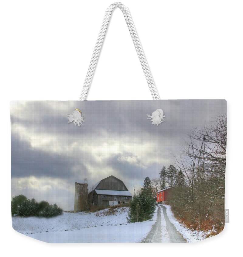 Barn Weekender Tote Bag featuring the photograph A Touch of Snow by Sharon Batdorf