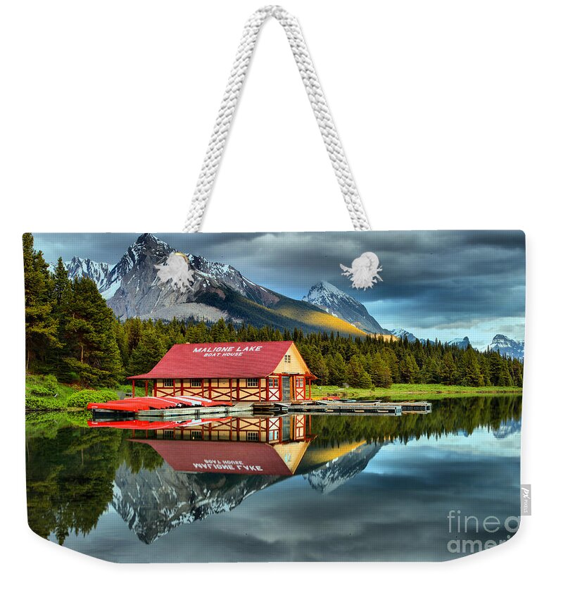 Maligne Lake Weekender Tote Bag featuring the photograph A Touch Of Sunset by Adam Jewell