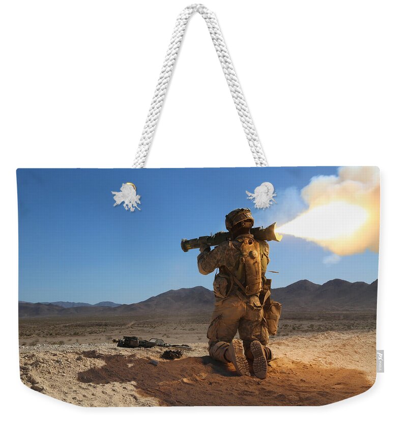 Military Weekender Tote Bag featuring the painting A U.S. Army Soldier, fires a M136 AT4 by Celestial Images