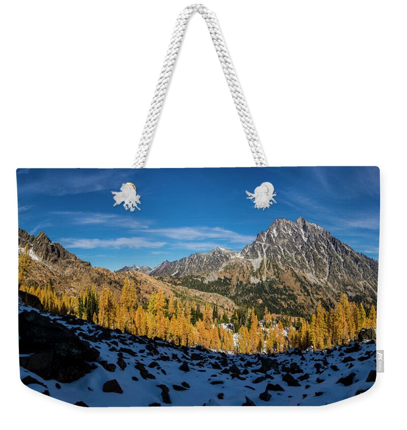 Enchantments Weekender Tote Bag featuring the photograph A Valley of Larches 2 by Pelo Blanco Photo