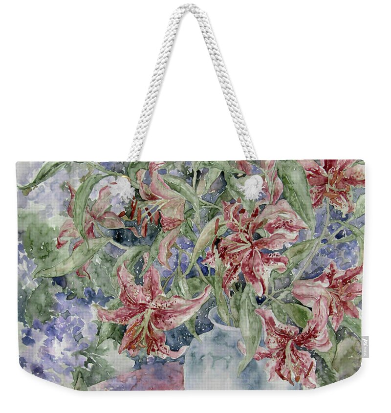 Lilies Weekender Tote Bag featuring the painting A Vase of Lilies by Kim Tran