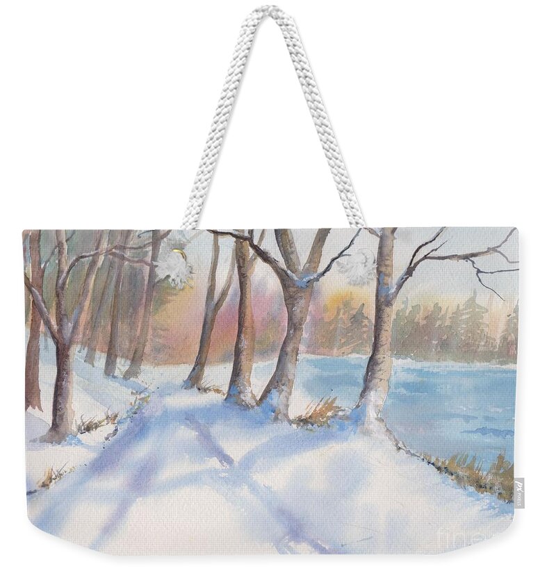 Winter Weekender Tote Bag featuring the painting A Walk In The Snow by Watercolor Meditations