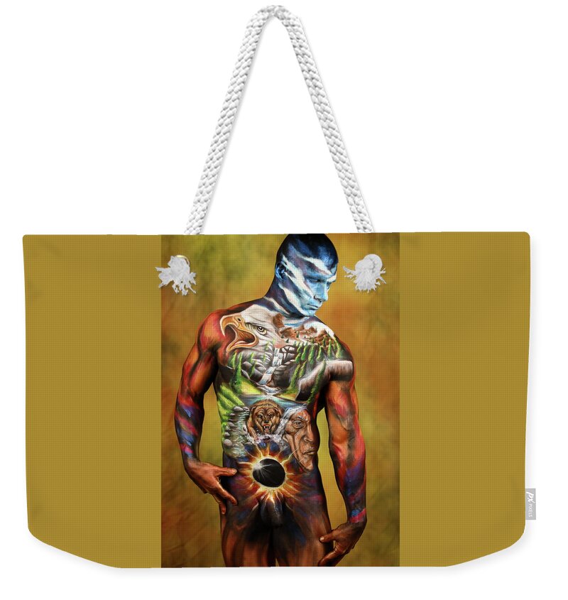 Bodypaint Weekender Tote Bag featuring the photograph A Warriors Cause by Angela Rene Roberts and Cully Firmin